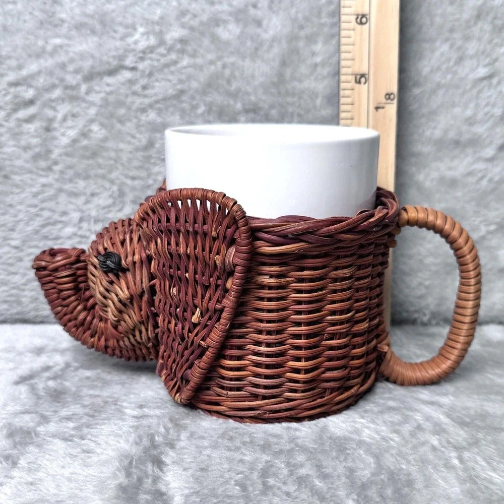Elephant Mug Vintage Wicker Basket‎ Holder w/ White Ceramic Cup Cottagecore Boho